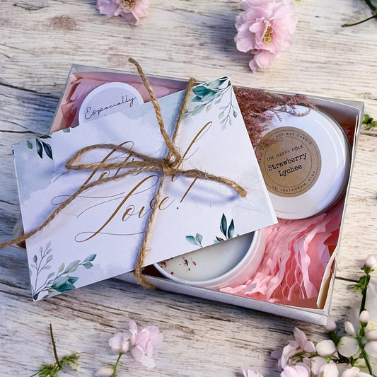 Custom Designed Mini Gift Box– Candle Dried Flowers and Choice of Comfort Gift and Card – Support Self Care Thinking of You-Care Package