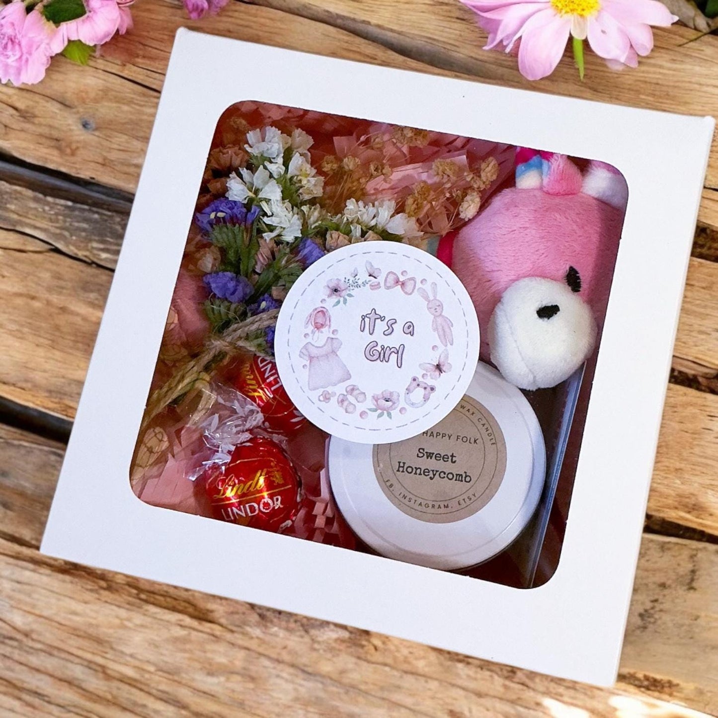 New Baby Gift Box – Candle, Body Bar, Soft Toy, Flowers & Chocolate – Baby Shower Keepsake Hamper for Newborn-New Baby Gift-Baby Gift Box