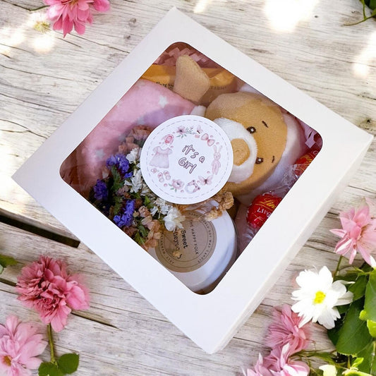 New Baby Gift Box – Candle, Body Bar, Soft Toy, Flowers & Chocolate – Baby Shower Keepsake Hamper for Newborn-New Baby Gift-Baby Gift Box