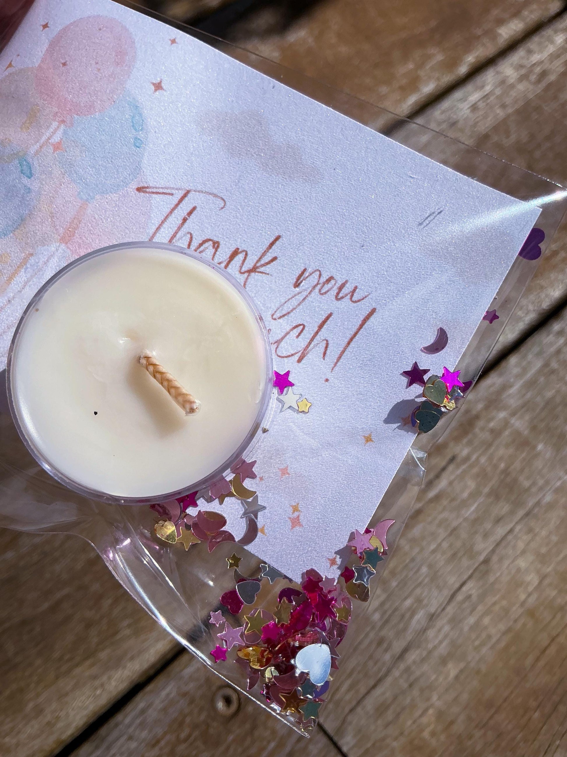 Custom Favour Candle – Tea Light with Personalised Card & Clear Bag – Wedding, Baby Shower, Event Favours – Rose Petal or Sprinkle Option