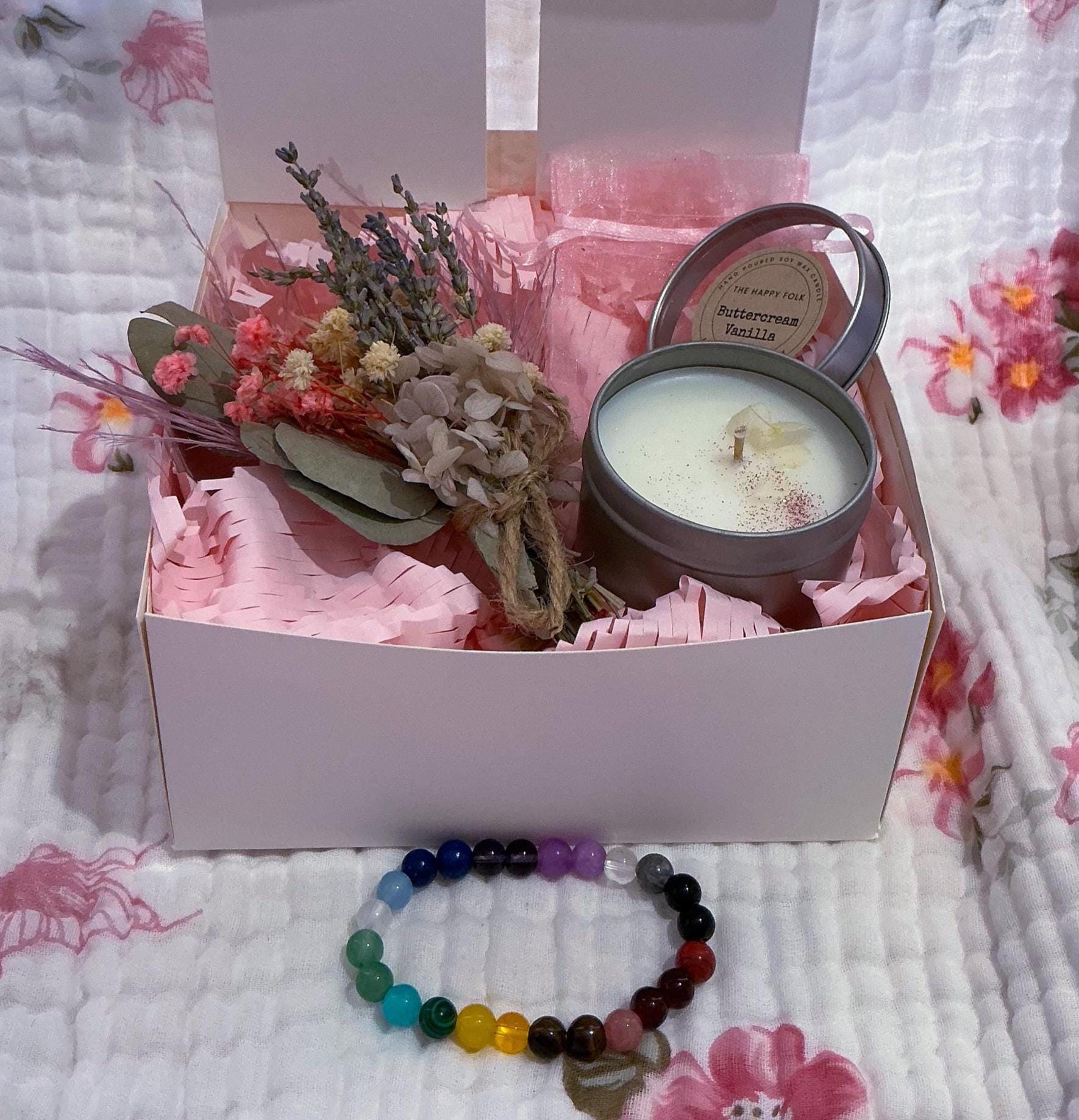 Chakra Gift Box with Crystal Bracelet, Candle & Dried Flowers – Healing Energy Care Package-Cystal Energy Gift-Crystal Bracelet-Gift Box