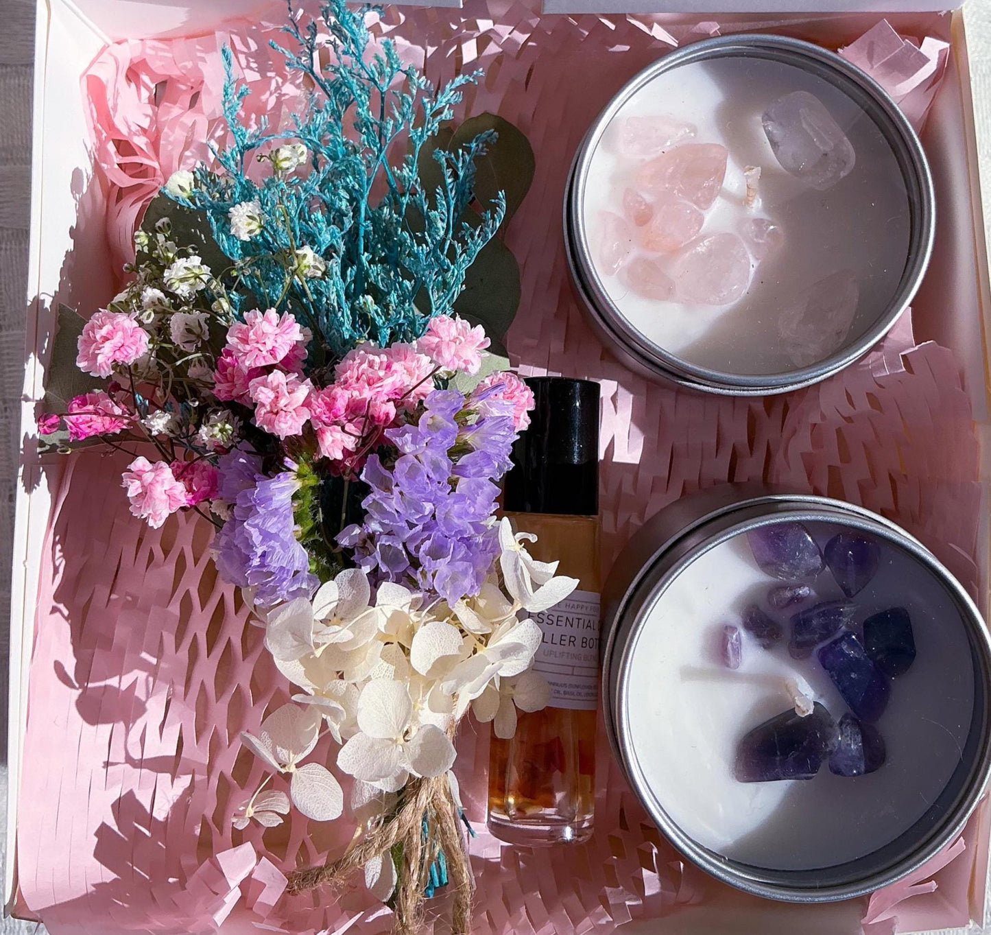 Crystal Candle Gift Box with Dried Flower Posie & Essential Oil Roller Bottle