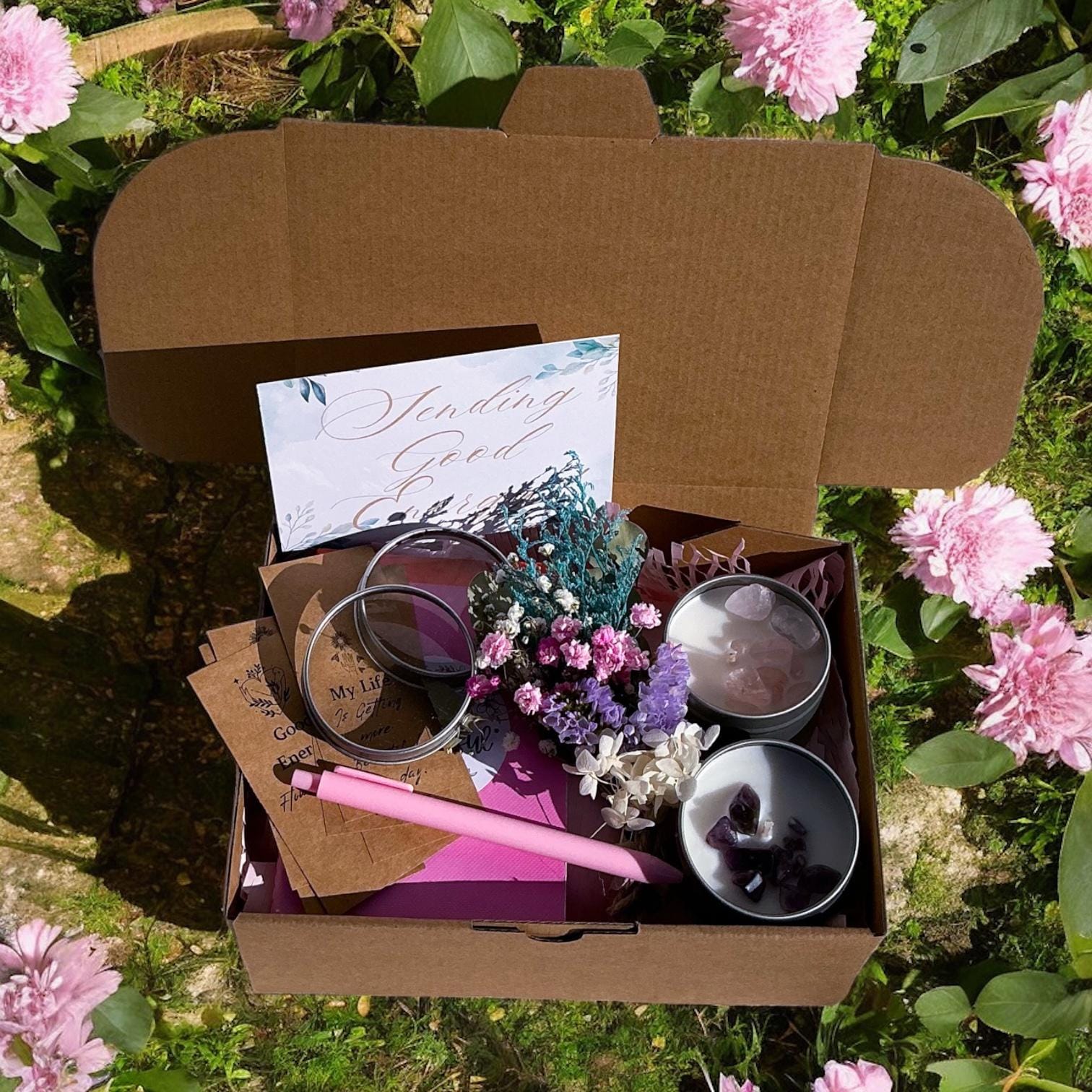 Crystal Self-Care Gift Box – Healing Candle Set with Crystals, Flowers, Journal & Affirmations – Spiritual Gift for Women–Mindful Energy Box