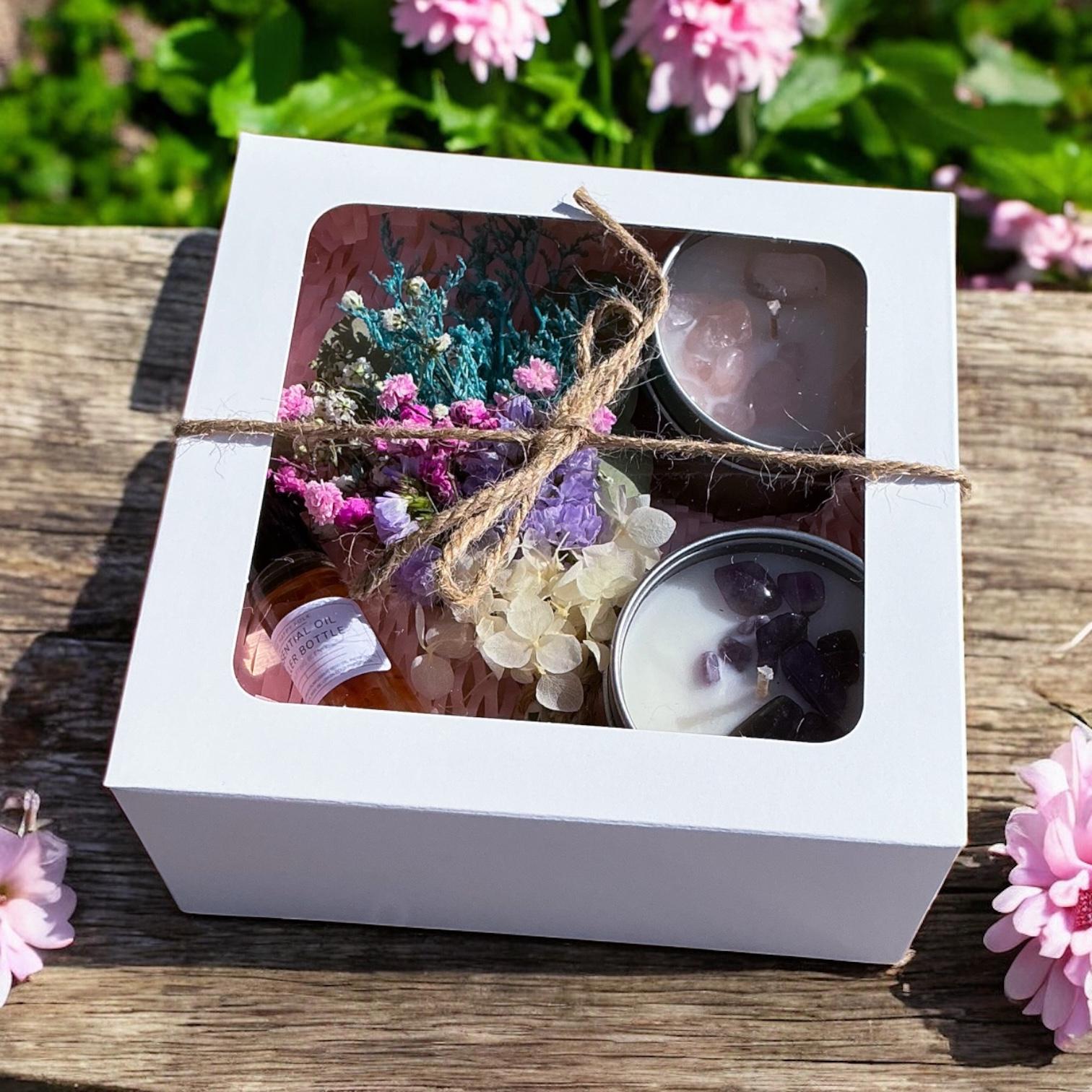Crystal Candle Gift Box with Dried Flower Posie & Essential Oil Roller Bottle