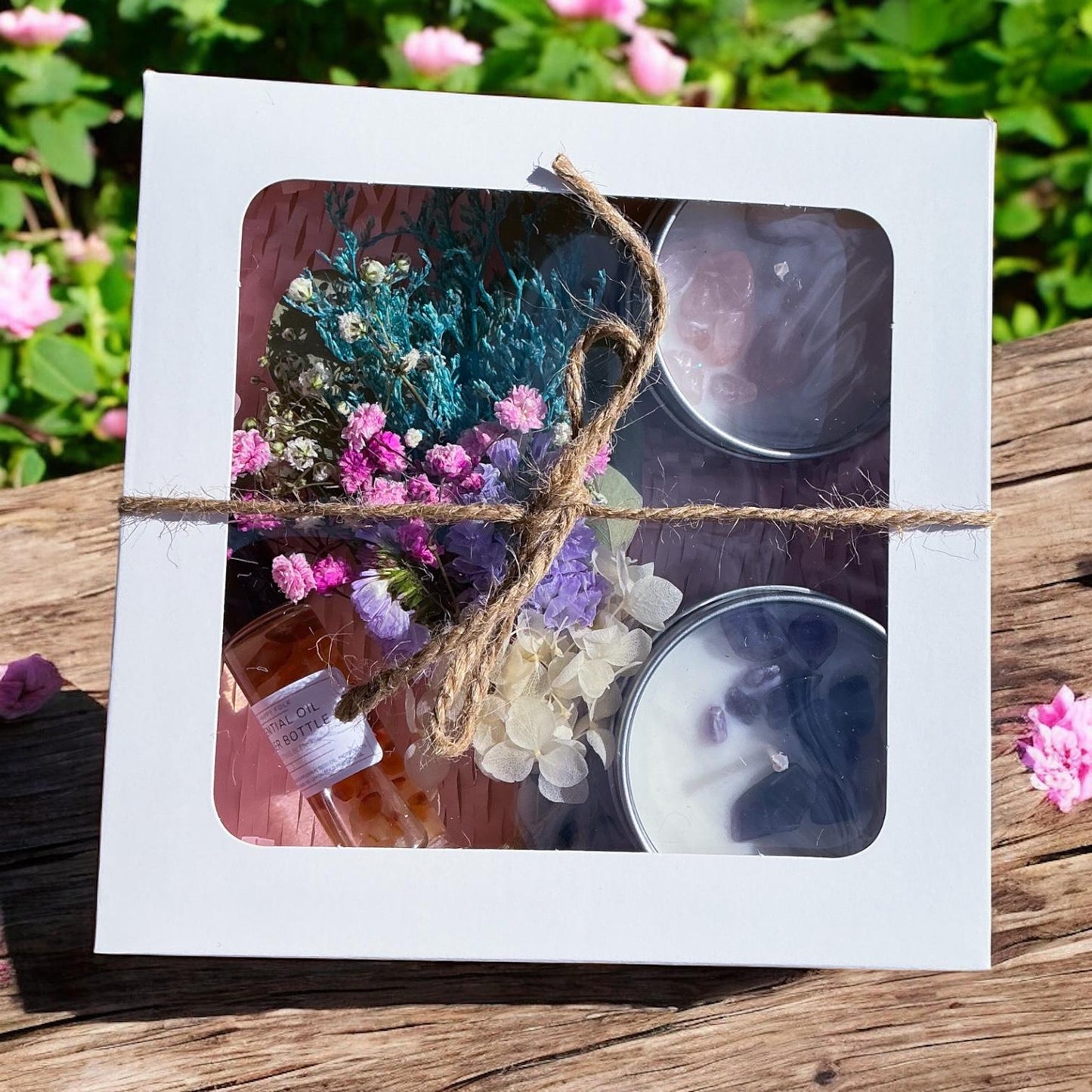 Crystal Candle Gift Box with Dried Flower Posie & Essential Oil Roller Bottle