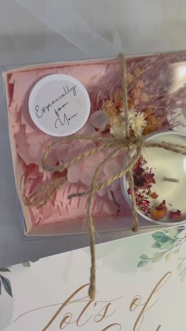 Custom Designed Mini Gift Box– Candle Dried Flowers and Choice of Comfort Gift and Card – Support Self Care Thinking of You-Care Package